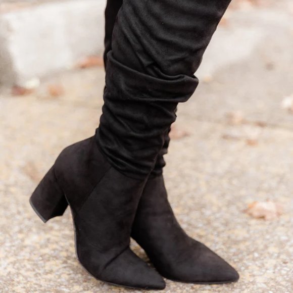 Pink Lily Suede Black Block Heel with Ruched Fabric Tall Boots Size 6.5 - Picture 6 of 10